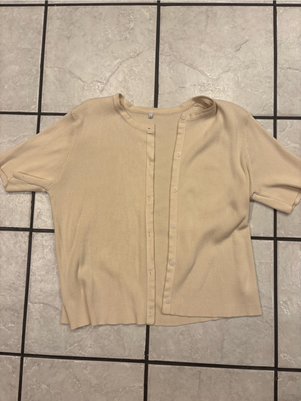 Beige Ribbed short sleeve button sweater top size xl